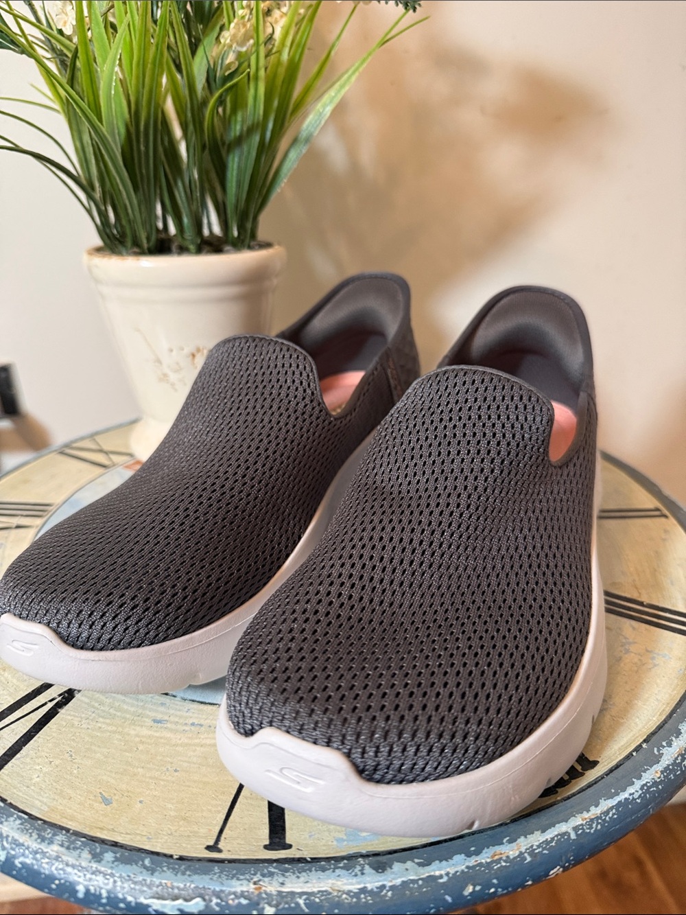 Skechers Women's Slip-On Mesh Go Walk sneakers- Charcoal Gray with White Sole